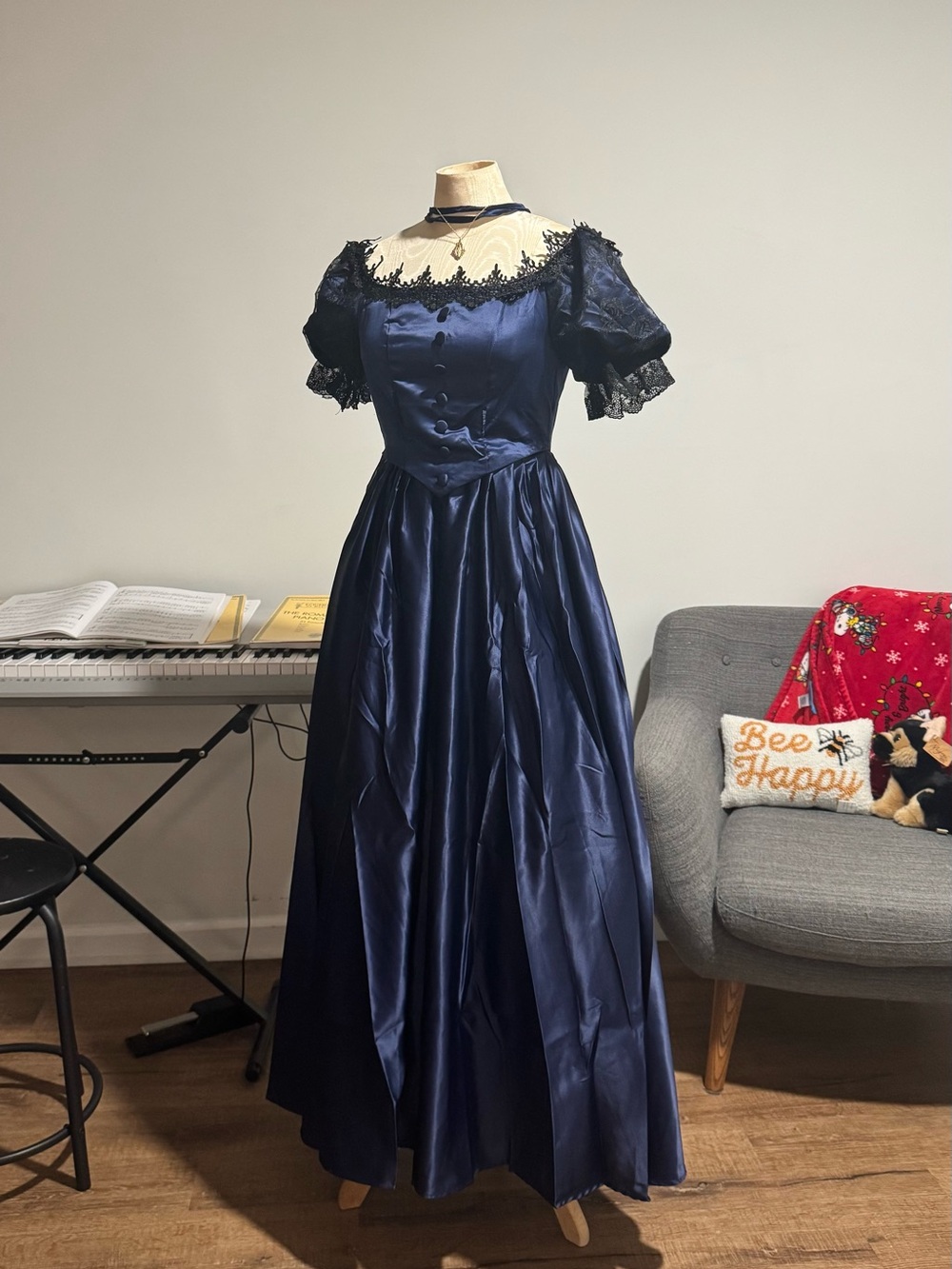 Navy Lace-Trim Evening Gown - Elegant Women's Dress